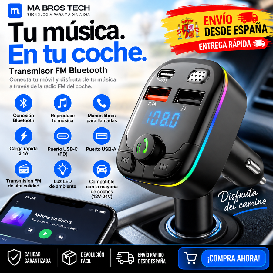 Transmisor FM Bluetooth para coche con envío desde España
